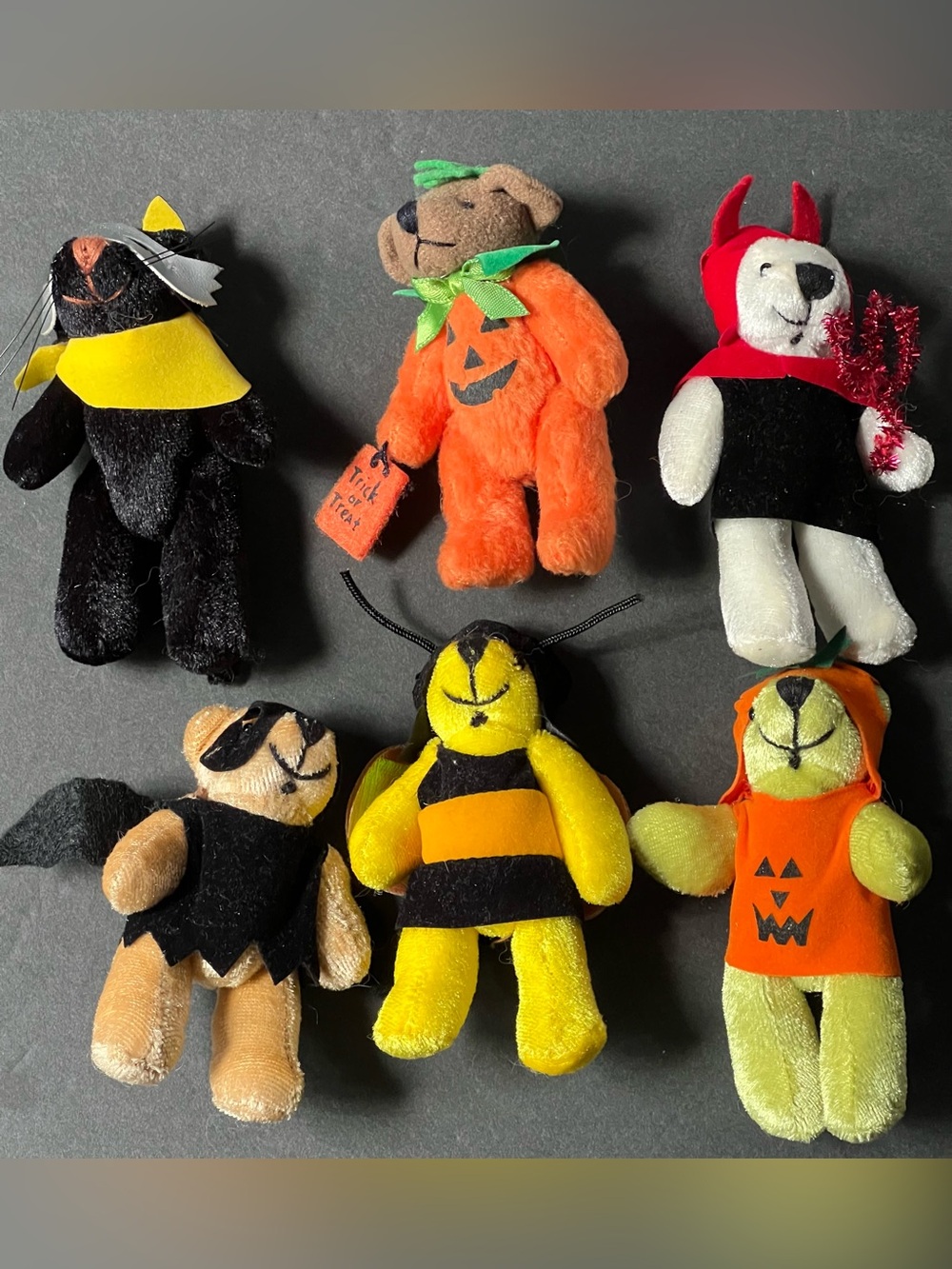 Vintage set of six miniature poseable, bears, dressed in Halloween costumes.